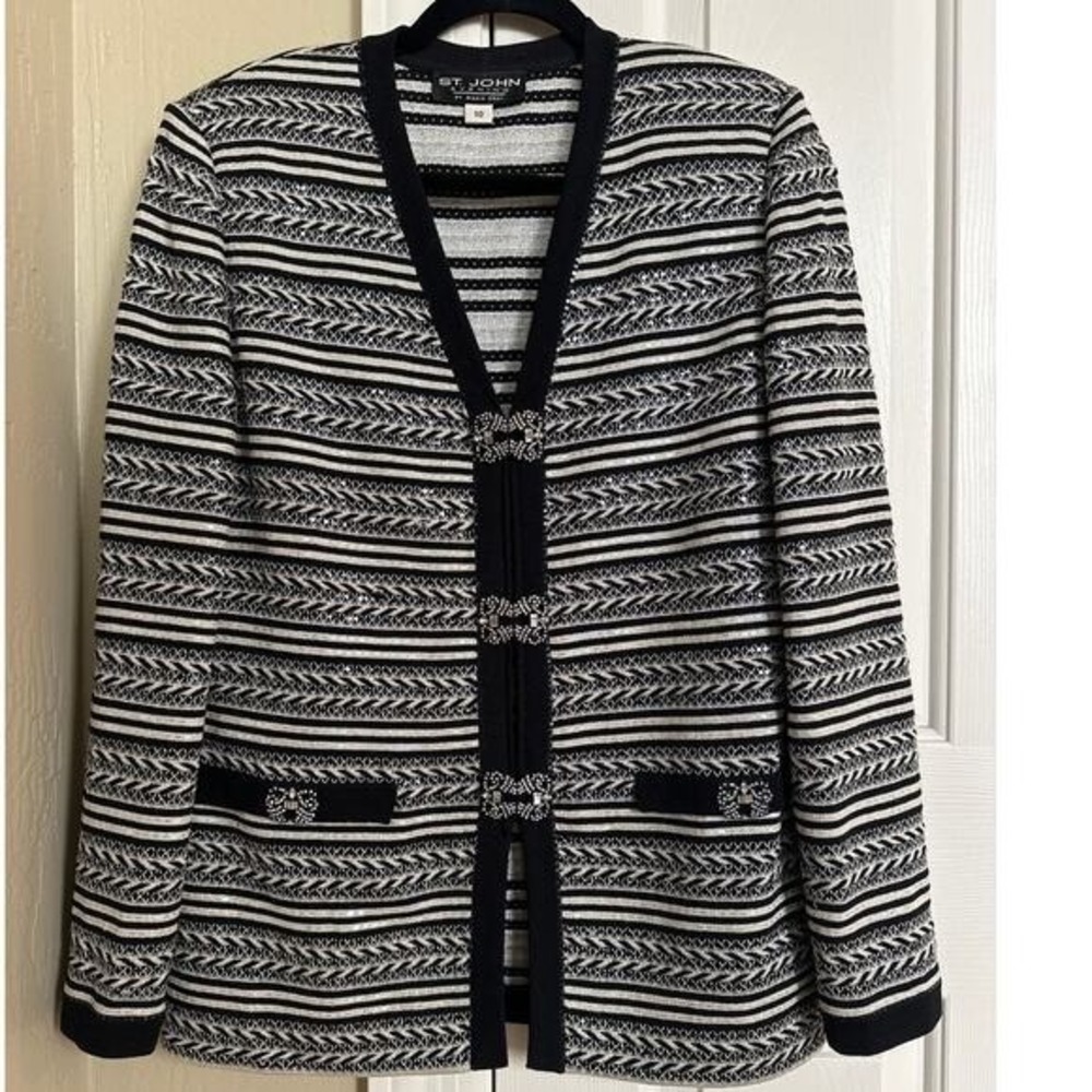 St. John Evening Marie Gray Crystal Embellished Metallic‎ Stripe Knit Jacket 10